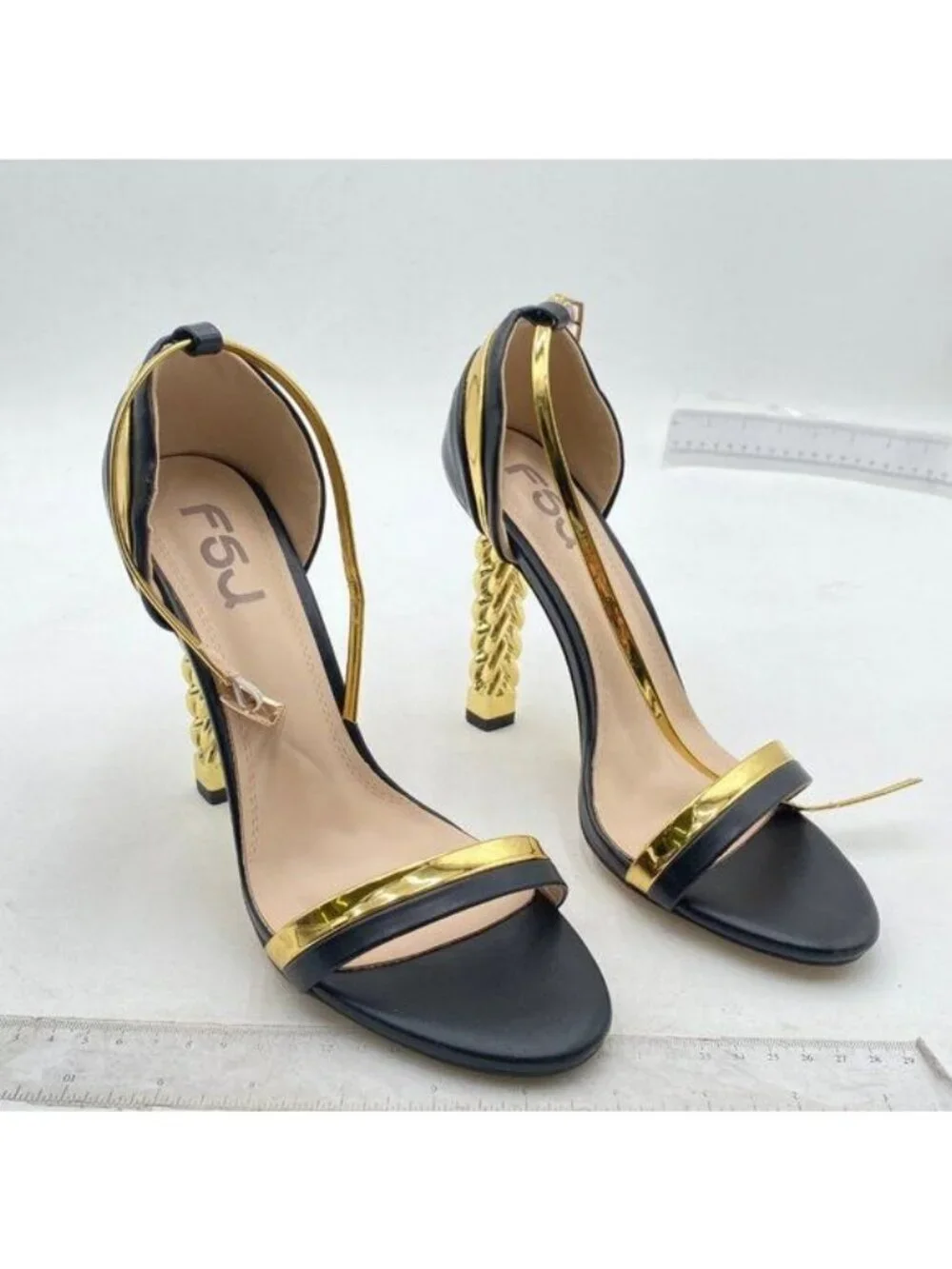 FSJ Women Flower Gold Metal Chain Chunky High Heels Ankle Strap Sandals Black